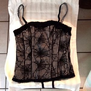TRIPP NYC BLACK AND CREAM GINGHAM SIDE ZIP CORSET WITH SPIDER WEB LACE OVERLAY